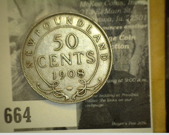1908 King Edward VII New Foundland Silver Half Dollar, EF.