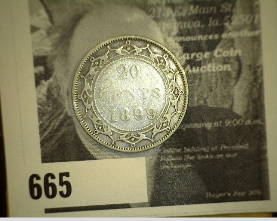 1899 (small 99) New Foundland Twenty Cent Piece, F/VG.