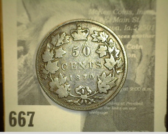 1870 Queen Victoria Canada Silver Half Dollar, Portrait: Q-2, VG/F.