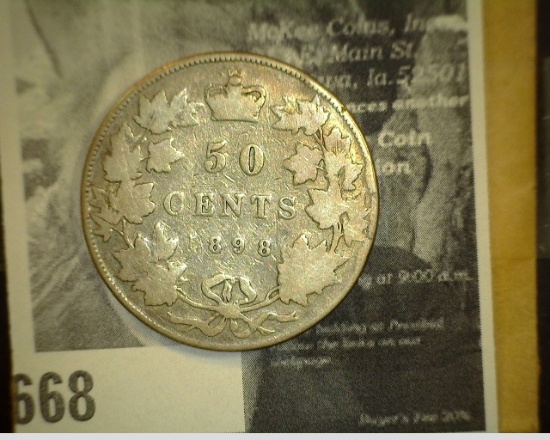 1898 Queen Victoria Canada Silver Half Dollar, VG.