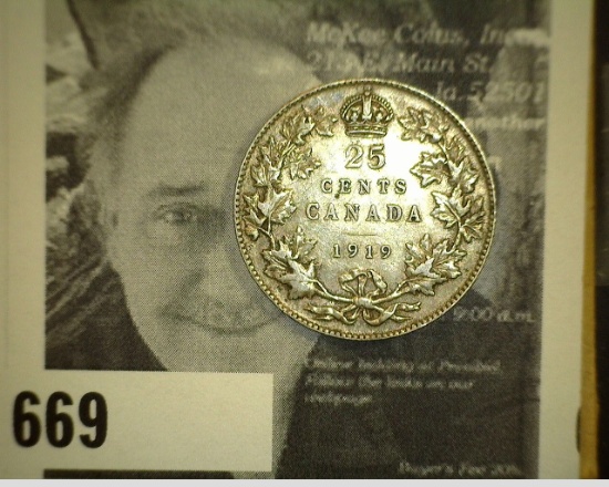1919 King George V Canada Silver Quarter, VF.