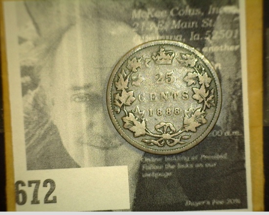 1888 Queen Victoria Canada Twenty-Five Cent Silver, VG.