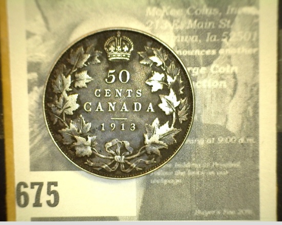 1913 King George V Canada Silver Half Dollar, F.