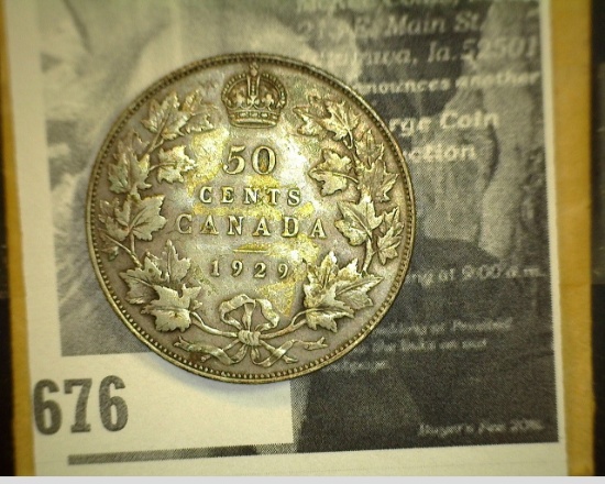 1929 King George V Canada Silver Half Dollar, VF.