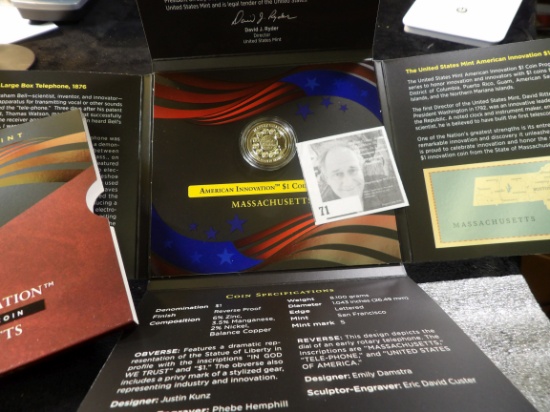 2020 S American Innovation Massachusetts $1 Reverse Proof Coin in original package as issued by the