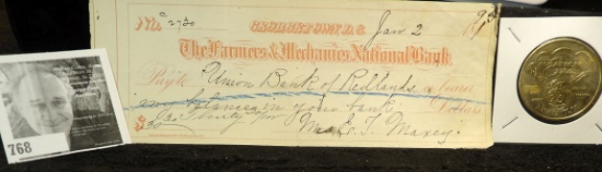 Jan. 2, 1895 Bank Check drawn on The Farmers & Mechanics National Bank, Georgetown, D.C. (currently