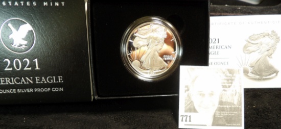 2021 S Proof One Ounce .999 Fine Silver Dollar, in original box of issue.