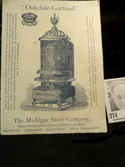 Eighteen Hundred era Advertising Card "Oakdale-Garland" "The Michigan Stove Company".