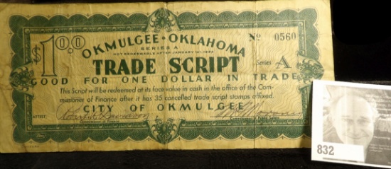 January 1st, 1934 Depression Script with Stamps Good For $1.00 Okmulgee Oklahoma. No. 0560.
