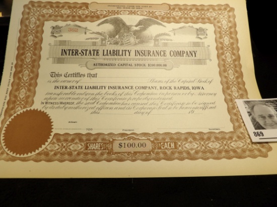 Unissued Stock Certificate Number 362 INTER-STATE LIABILITY INSURANCE COMPANY. Rock Rapids, Iowa. Sh