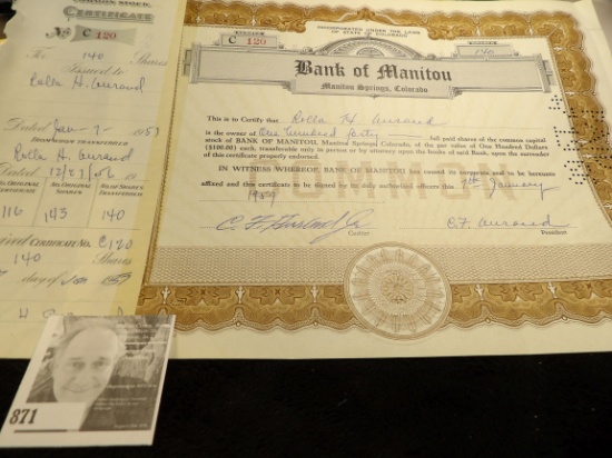 Common Stock Certificate No. C120 BANK of MANITOU, Manitou Springs, Colorado for 140 Shares, 7th Jan