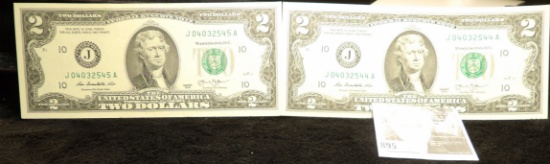 Pair of Series 2013 U.S. $2 Federal Reserve Notes with sequential serial numbers, Crisp Uncirculated