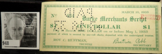 May 1, 1933 Depression Script, No. 854 Burke Merchants Script One Dollar, hole cancelled. With red o