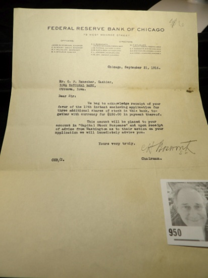 September 21, 1916 Correspondence letter from the Federal Reserve Bank of Chicago 79 West Monroe Str