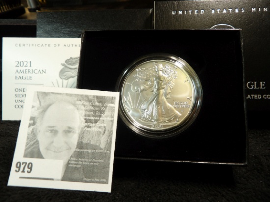2021 W Uncirculated One Ounce .999 Fine Silver Dollar, in original box of issue.