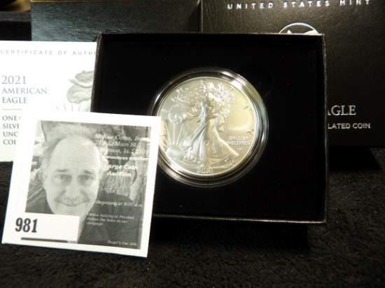 2021 W Uncirculated One Ounce .999 Fine Silver Dollar, in original box of issue.