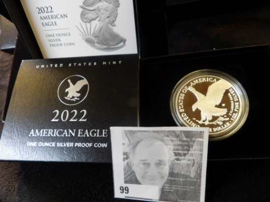 2022 W American Eagle One Ounce .999 Silver Proof in original box of issue with C.O.A.
