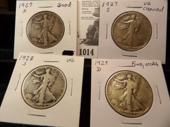 Walking Liberty Half Dollar Lot: 1927 S Good, 27 S VG cleaned, 28 S VG, & 29 D Fine with a scratch.