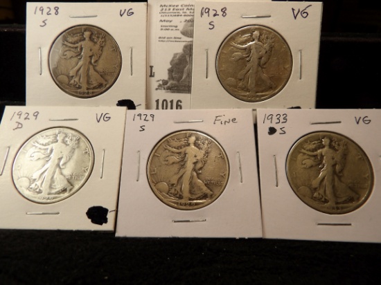 Walking Liberty Half Dollar Lot: (2) 1928 S VG, 29 D VG, 29 S Fine, & 33 S VG.