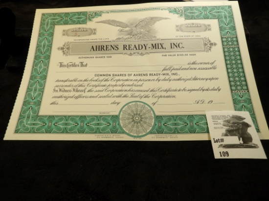 AHRENS READY-MIX, INC. Iowa. Unissued Stock Certificate Number 5, Bald Eagle lithograph upper center