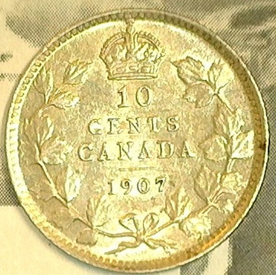 1907 Canada Edward VII Silver Dime, AU.