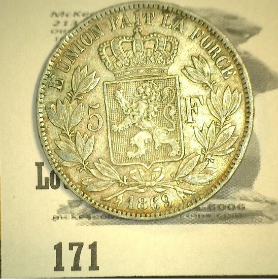 1869 Belgium Silver Five Francs. VF+.