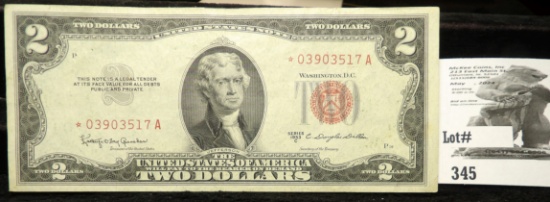 Series 1953C $2 U.S. Note, Red Seal, Scarce Star Replacement note. High Grade