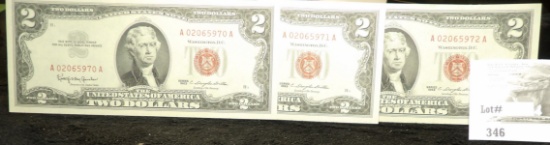 (3) Series 1963 $2 U.S. Notes, Red Seal, CU in sequential serial numbers.