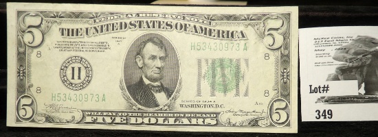 Series 1934A $5 Federal Reserve Note, "H" St. Louis, Mo., High grade.
