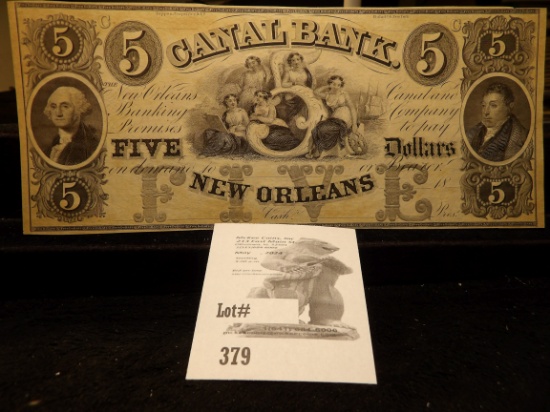 Unissued Canal Bank. New Orleans Five Dollar Banknote. 18xx. Unsigned.