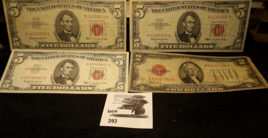 Series 1928D $2 U.S. Note, Red Seal, Star replacement note; & (3) Series 1963 $5 U.S. Note, Red Seal