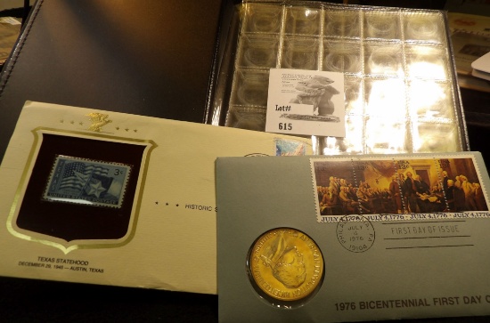 1976 Bicentennial Medal First Day Cover, 3c Texas Stamp on Cover & Coin Album will Hold 300 Small Si