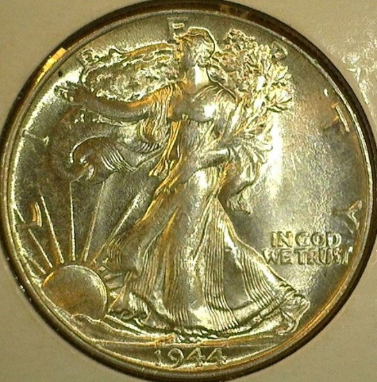 1944 P Silver Walking Liberty Half Dollar, AU-Unc.