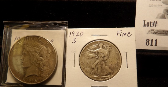 1928 S Peace Silver Dollar, VF & 1920 S Walking Liberty Half Dollar, Fine.