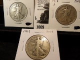 Walking Liberty Half Dollar Lot: 1918 P VG, 1918 S Fine, & 1919 P Good.