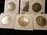 Walking Liberty Half Dollar Lot: 1934 S Fine, 35 S F-VF, 40 P EF, 43 P DDO motto EF-AU, & 45 P AU.