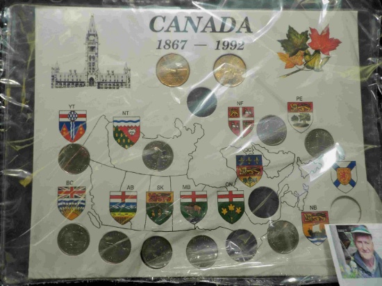 Partial set of 1867-1992 Canada Coin Set. Contains two dollar coins and nine Provincial Quarters in
