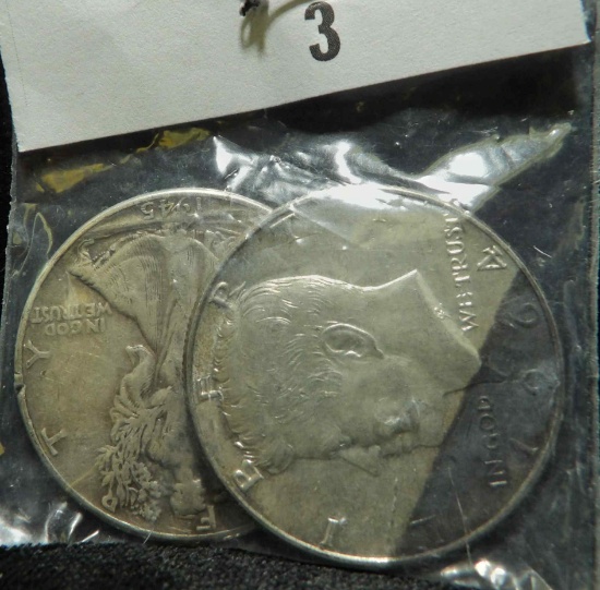 1964 D Kennedy Half Dollar with unusual toning & 1945 P Walking Liberty Half Dollar,Fine.
