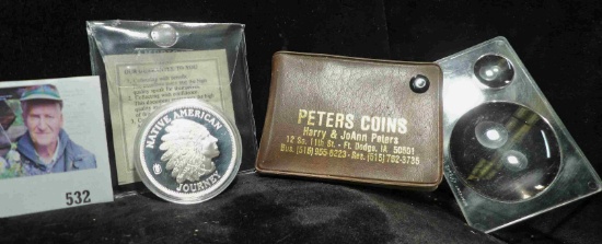 Native American Journey large high relief Medal & a coin Magnifying glass advertising the late Harry