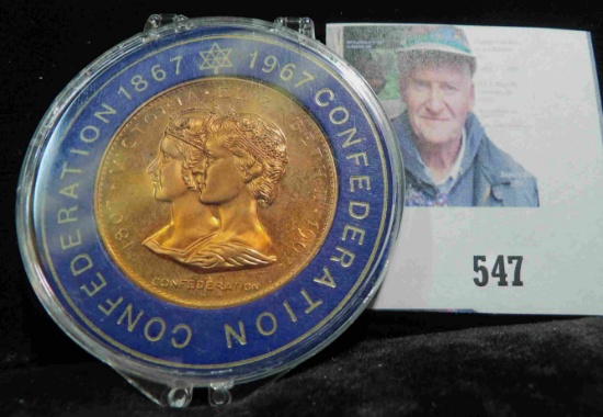 1867-1967 Confederation Copper Medal from Canada, contained in a special holder. Prooflike.