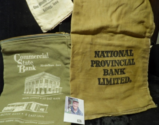 Canvas Bank Bag "From One Minute Washer Co. Kellogg, Iowa"; Zipper Bank bag "Commercial State Bank M