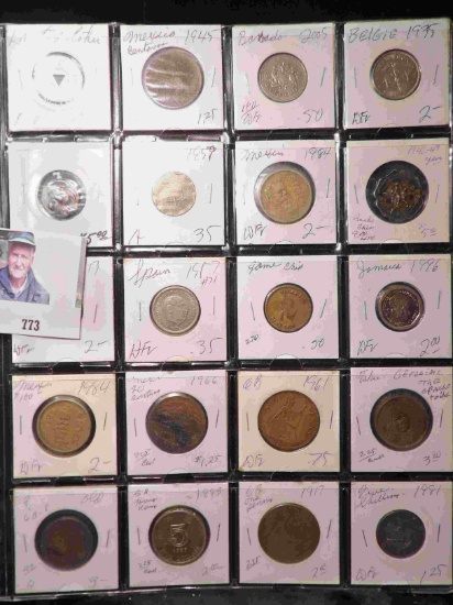 20-Pocket Plastic Page full of Medals, Tokens, & Foreign Coins. All ready to attend the coin show.