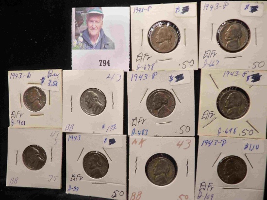 (10) Silver World War II Jefferson Nickels, some are carded all need repriced.