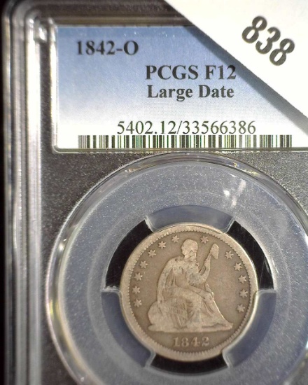 1842 New Orleans Type 2, No Motto U.S. Seated Liberty Quarter, PCGS slabbed F12 Large Date. Mtg. 769