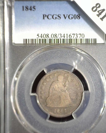 1845 Type 2, No Motto U.S. Seated Liberty Quarter, PCGS slabbed VG08. Only 2 have been assigned this