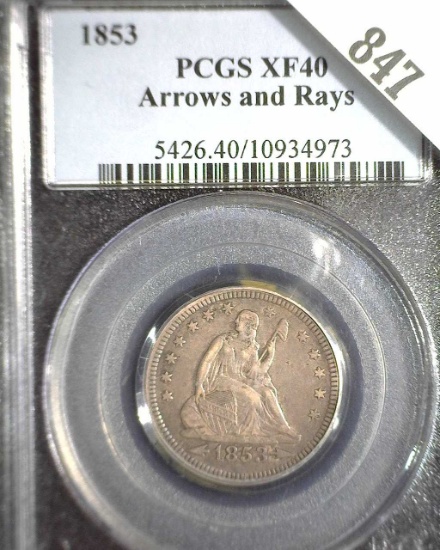 1853 P Type 3, Arrows & Rays, U.S. Seated Liberty Quarter, PCGS slabbed XF40 Arrows & Rays. Many of