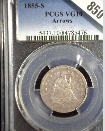 1855 S Type 4, No Motto, Arrows at date U.S. Seated Liberty Quarter, slabbed PCGS VG10 Arrows. 396,4