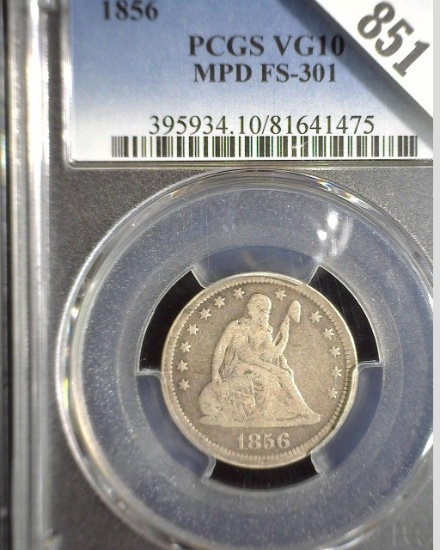 1856 Type 2 No motto U.S. Seated Liberty Quarter, slabbed PCGS VG10 MPD FS-301. This is the only one