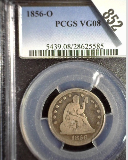 1856 New Orleans Type 2 No motto U.S. Seated Liberty Quarter, slabbed PCGS VG08. 2 exist in this gra