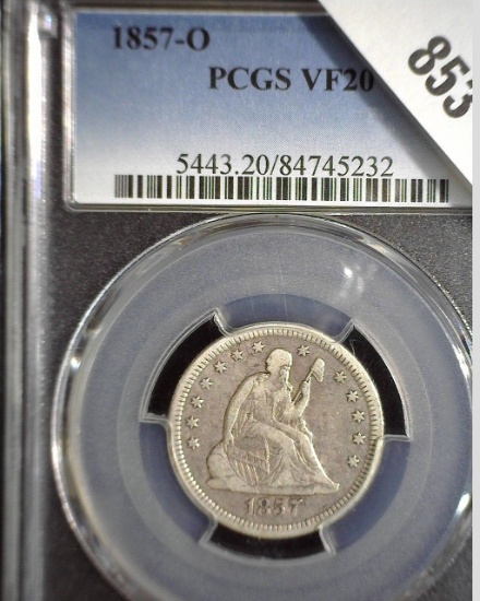 1857 New Orleans Type 2 No motto U.S. Seated Liberty Quarter, slabbed PCGS VF20. 14 exist in this gr